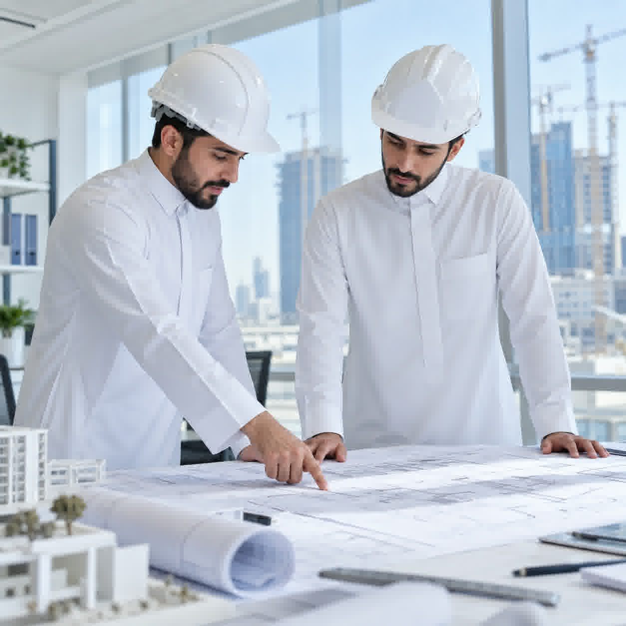 مهندسون يراجعون مخططات مشروع إنشائي